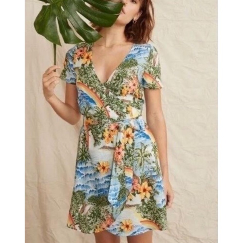 Marine Layer Frances Linen Blend True Wrap Short Dress S Hawaiian Print